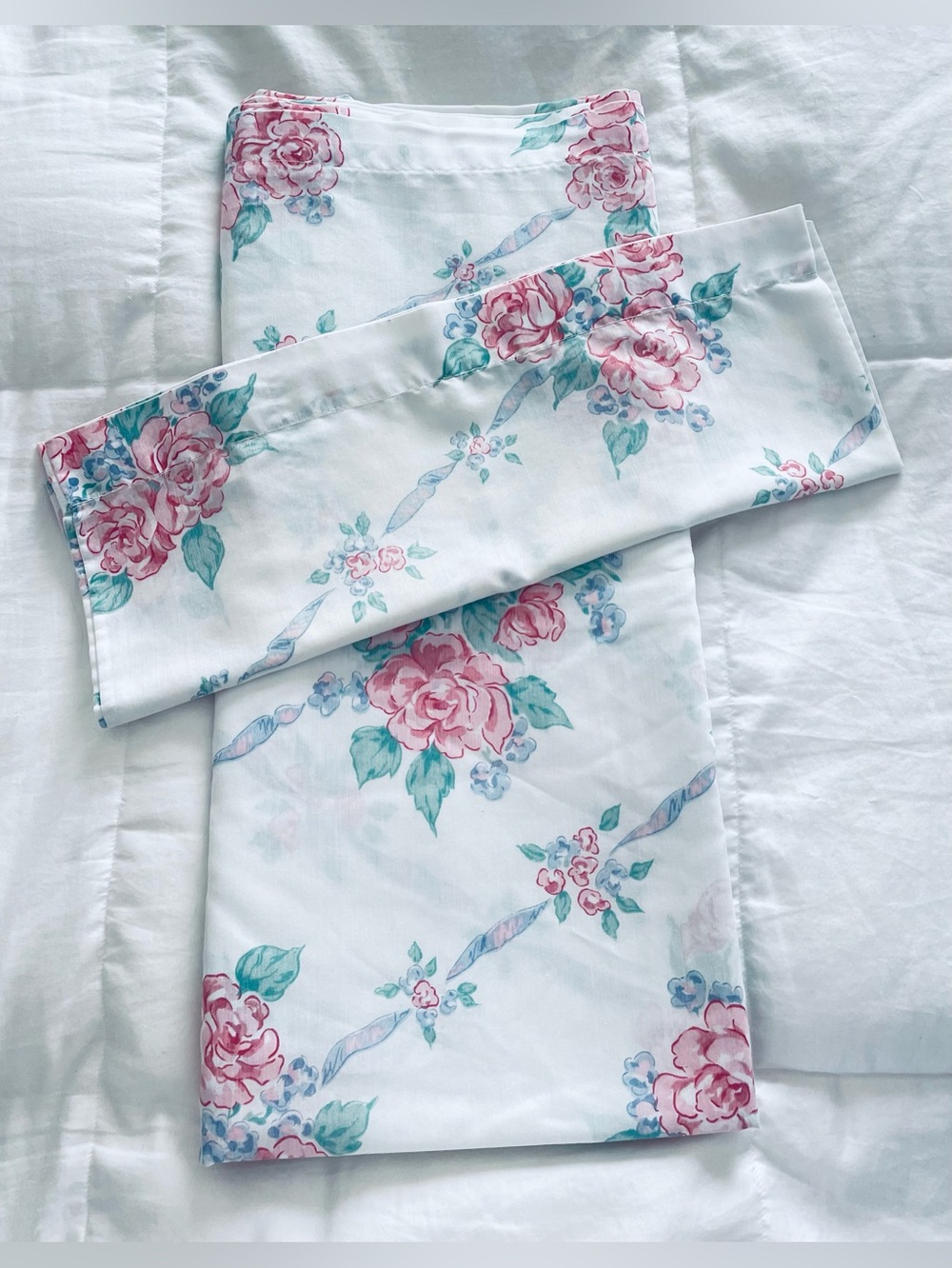 Vintage Pink Rose Ribbon Fitted Sheet w Pillowcase Cotton Blend Thomaston Queen